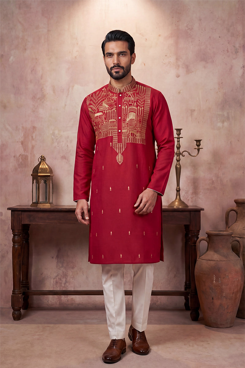 Red Silk Blend Solid Emboidered Straight Kurta MKU2375
