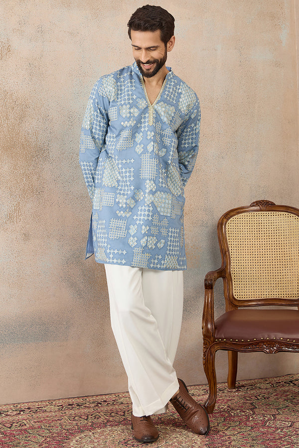 Blue Silk Blend Solid Embroidered Kurta MKU2454