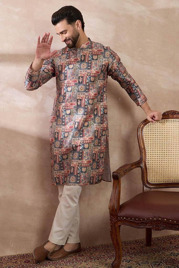 Multi Silk Blend Printed Mandarin Collar Straight Kurta MKU2001