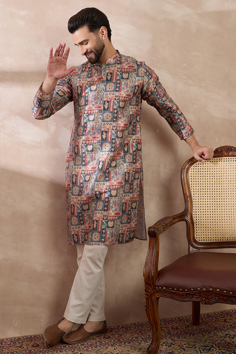 Multi Silk Blend Printed Mandarin Collar Straight Kurta With Trouser MKSET2001