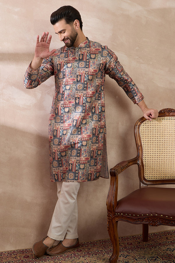 Multi Silk Blend Printed Mandarin Collar Straight Kurta With Trouser MKSET2001