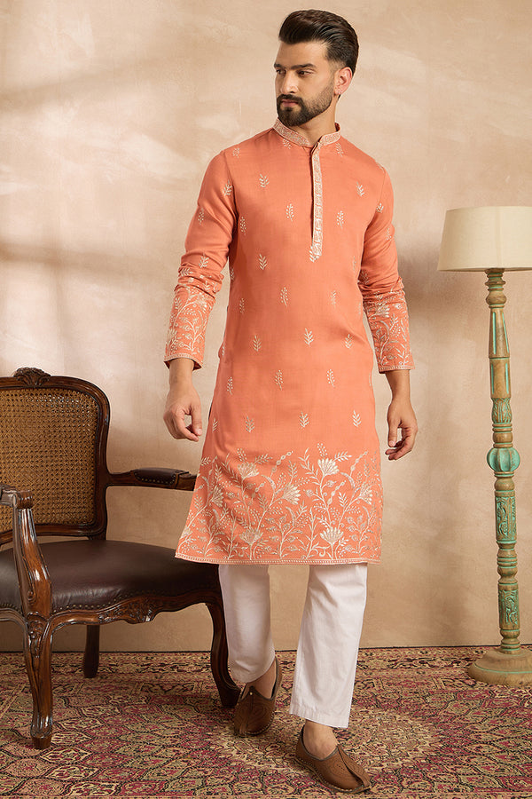 Peach Vartican Solid Embroidered Straight Kurta With Trouser MKSET1935