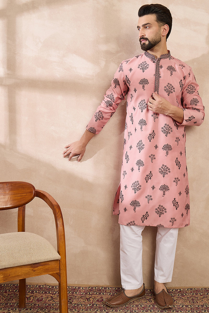 Peach Silk Blend Solid Embroidered Straight Kurta MKU1804