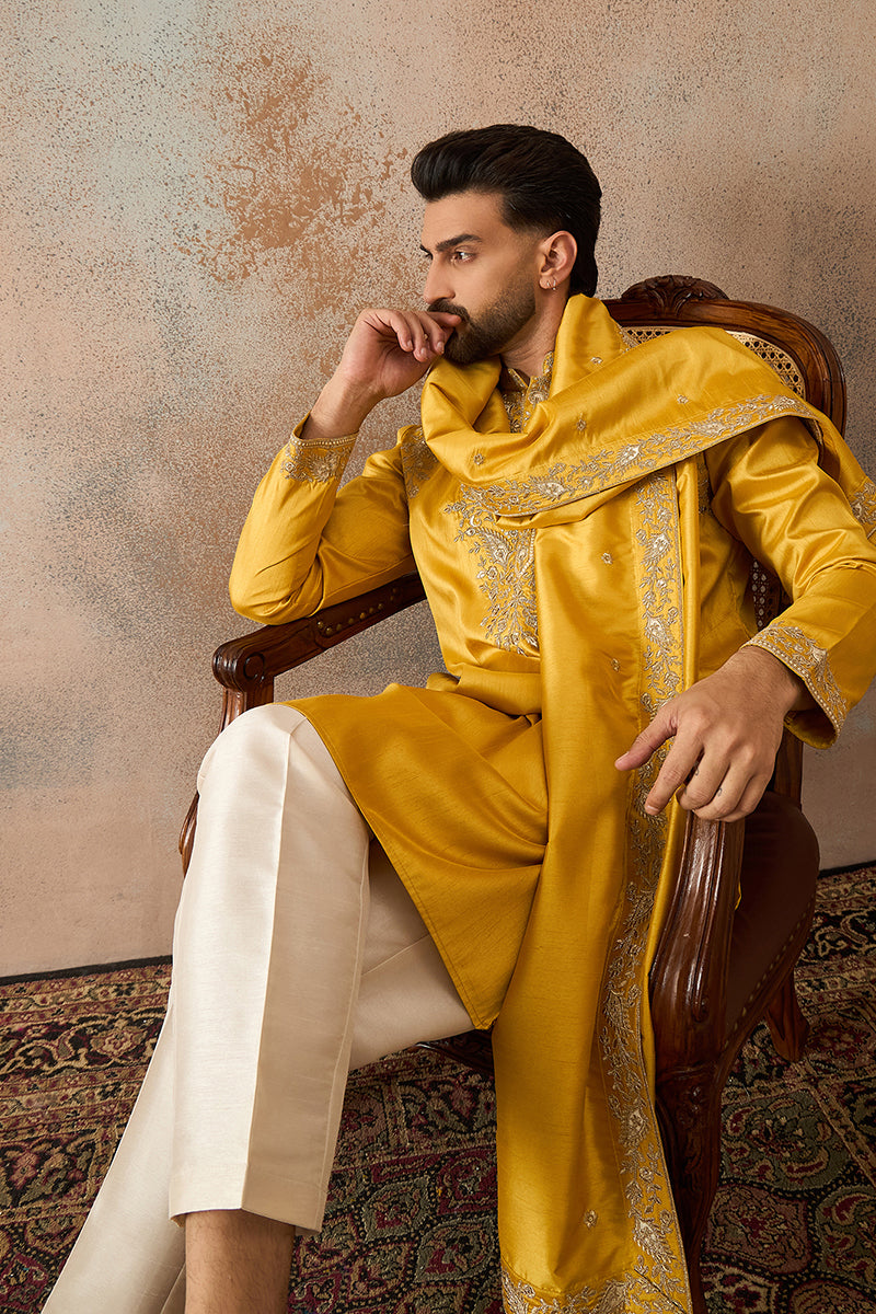 Yellow Silk Blend Embroidered Ethnic Kurta with Trousers & Dupatta MKPD1023