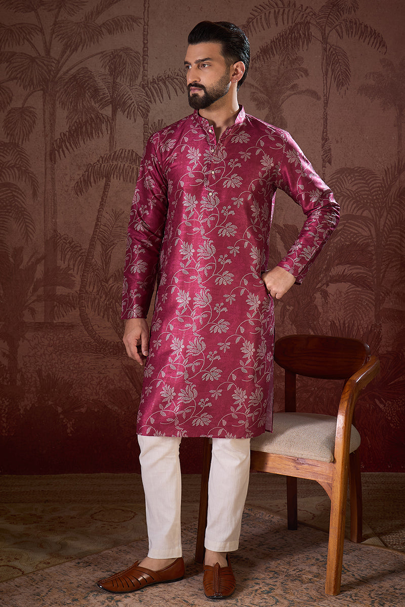 Red Silk Blend Floral Printed Straight Kurta With Trouser MKSET1975