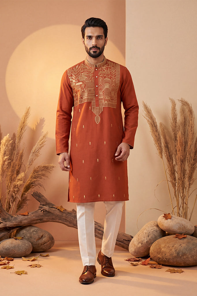 Orange Silk Blend Solid Emboidered Straight Kurta MKU2372