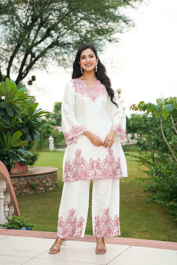 White Silk Blend Embroidered Straight Coord Sets HVCORD1135