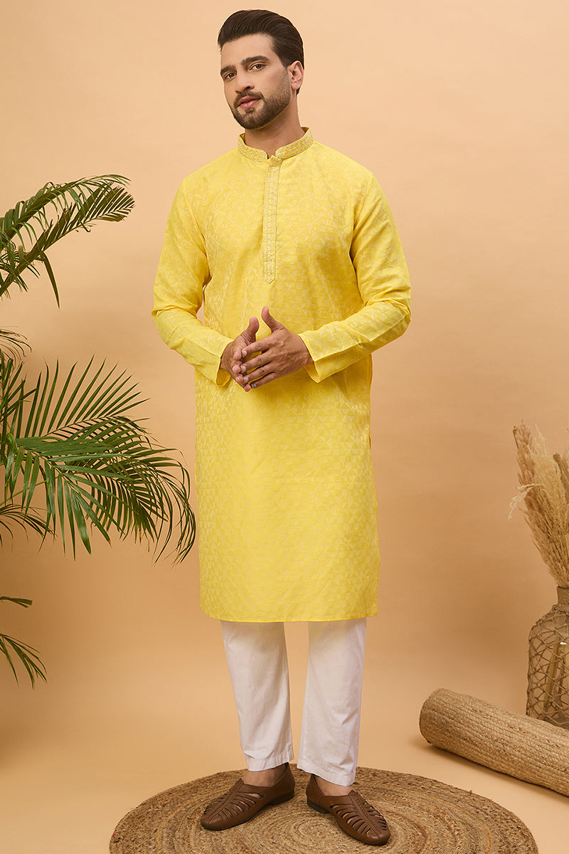 Yellow Silk Blend Solid Embroidered Straight Kurta MKU1455