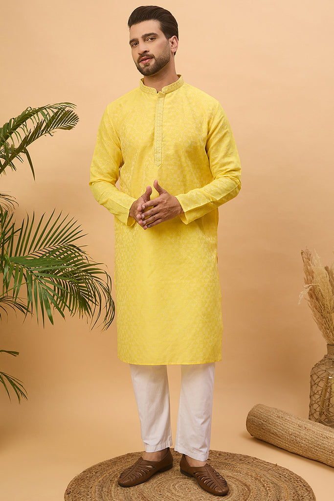 Yellow Silk Blend Solid Embroidered Straight Kurta MKU1455