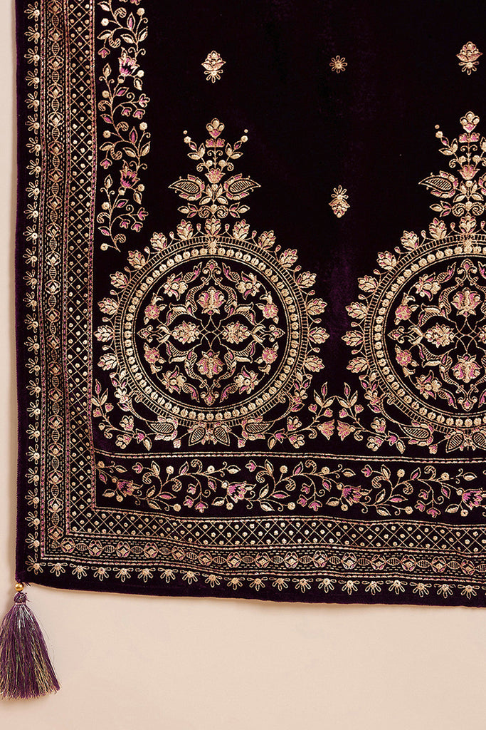 Purple Velvet Ethnic Motifs Printed Straight Trousers Suit Set PKSKD2883