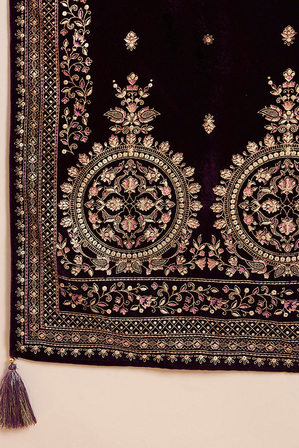 Purple Velvet Ethnic Motifs Printed Straight Trousers Suit Set PKSKD2883