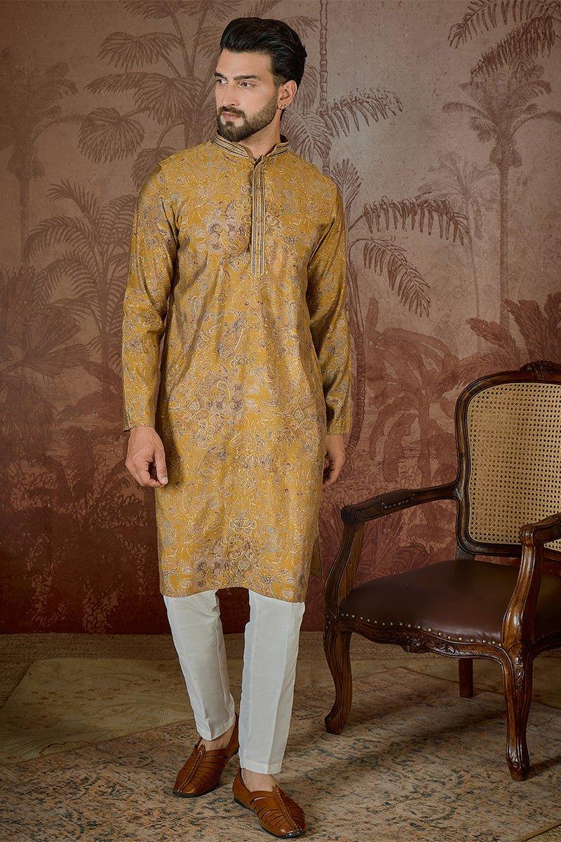 Mustard Silk Blend Ethnic Motifs Embroidered Kurta With Trouser MKSET2534
