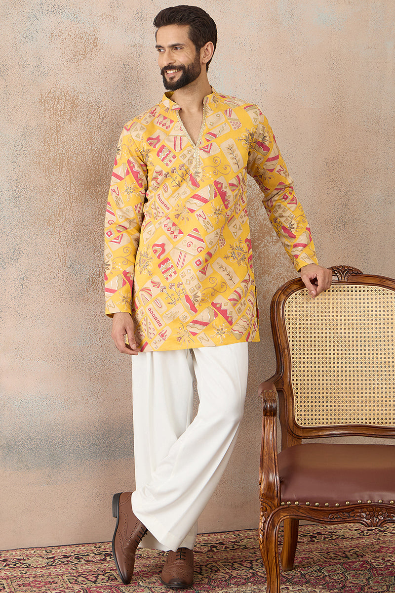 Yellow Silk Blend Ethnic Motifs Embroidered Kurta With Trouser MKSET2455