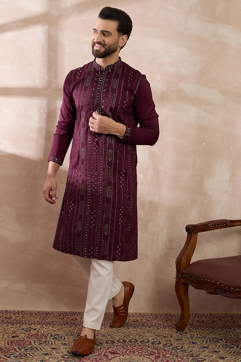 Purple Silk Blend Embroidered Mandarin Collar Straight Kurta With Trouser MKSET1889