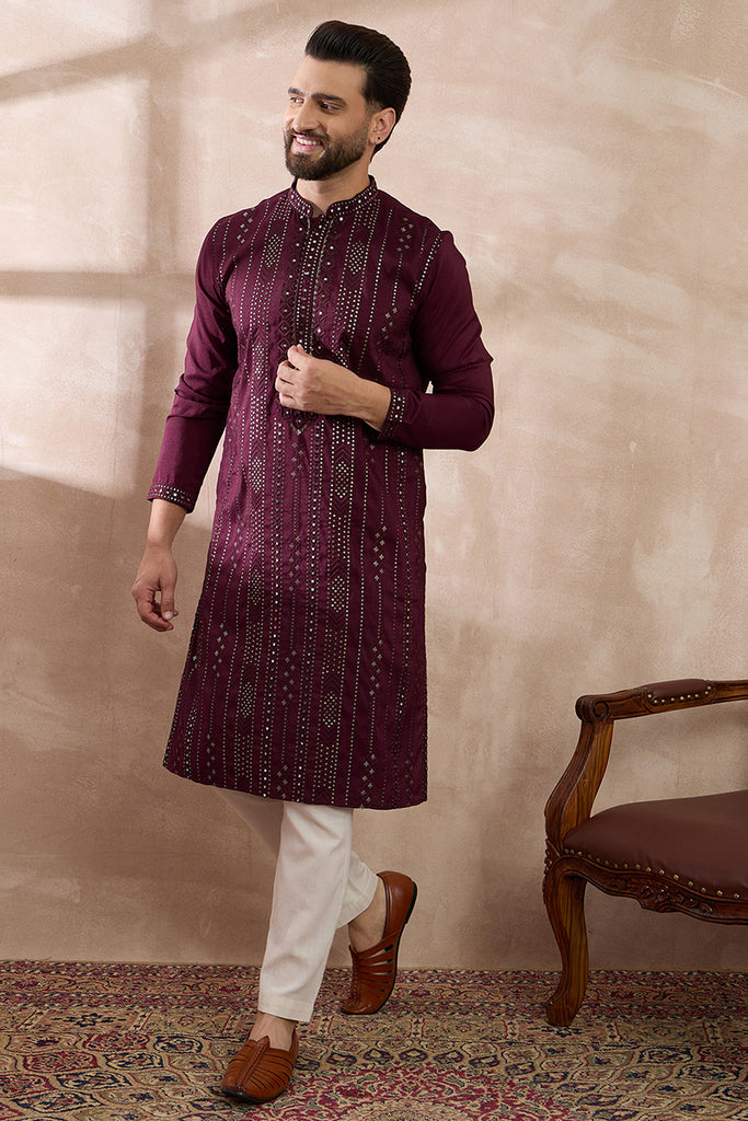 Purple Silk Blend Embroidered Mandarin Collar Straight Kurta With Trouser MKSET1889