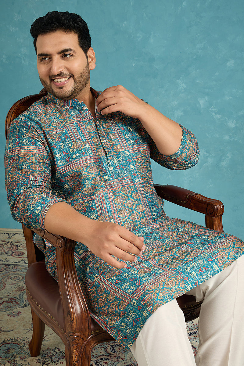 Blue Silk Blend Ethnic Motifs Printed Kurta MKU1934