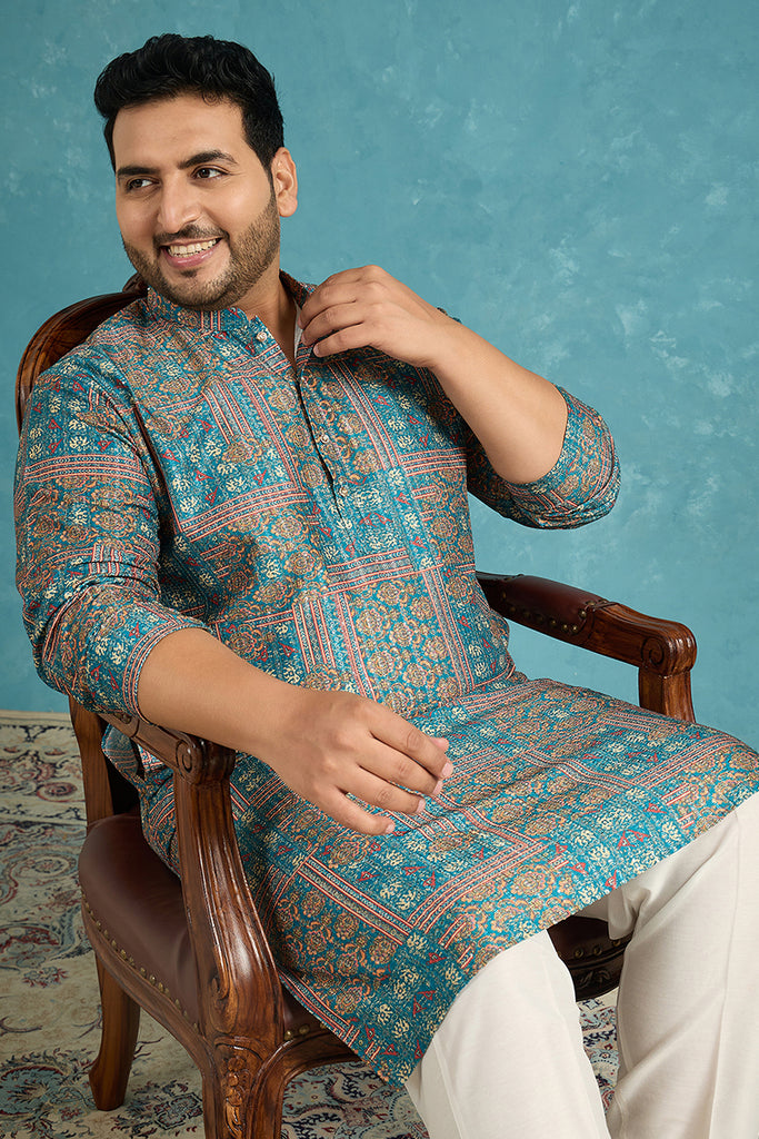 Blue Silk Blend Ethnic Motifs Printed Kurta MKU1934