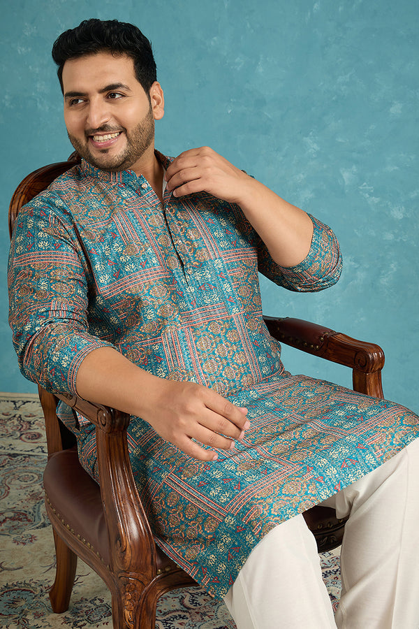 Blue Silk Blend Ethnic Motifs Printed Kurta MKU1934