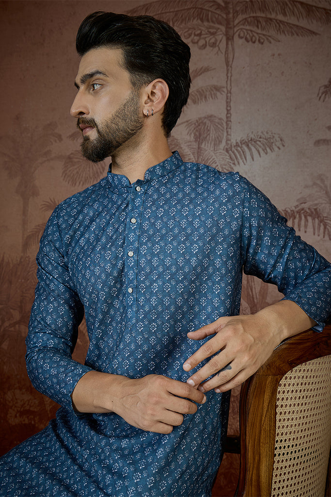 Blue Linen Floral Print Regular Kurta MKU2433