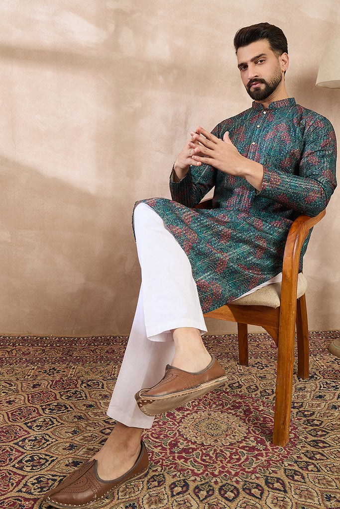 Blue Silk Blend Floral Printed Straight Kurta MKU1974