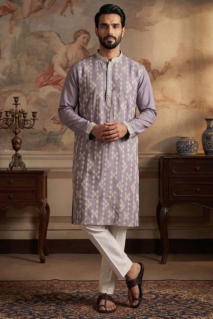 Silk Blend Lavender Solid Embroidered Calf Length Straight Kurta MKU2090