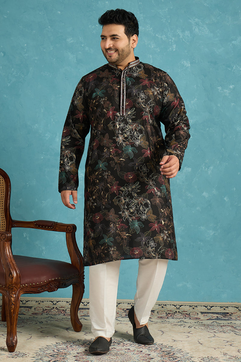 Black Silk Blend Floral Printed Kurta MKU1956