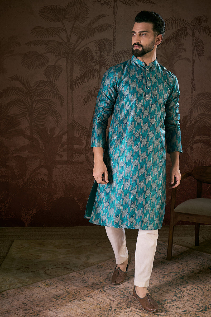 Turquoise Blue Silk Blend Chevron Printed Straight Kurta MKU1916