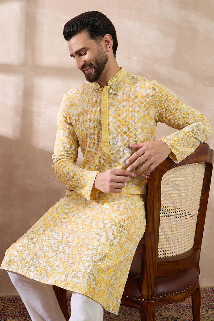 Yellow Viscose Rayon Solid Printed Straight Kurta With Trouser MKSET1657