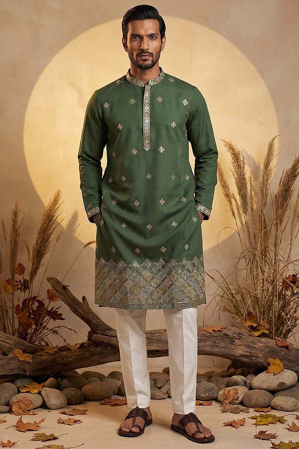 Silk Blend Green Solid Embroidered Calf Length Straight Kurta With Trousers MKSET2101