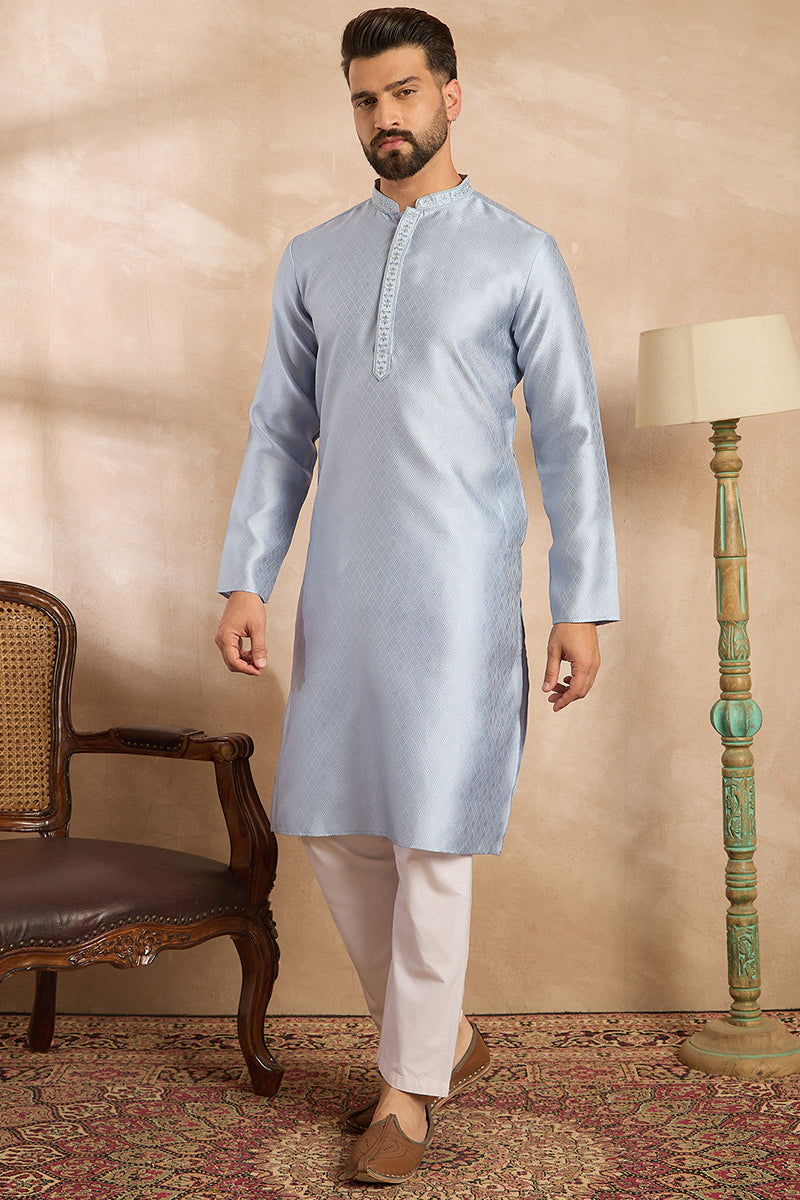 Blue Polyester Solid Embroidered Straight Kurta MKU1841