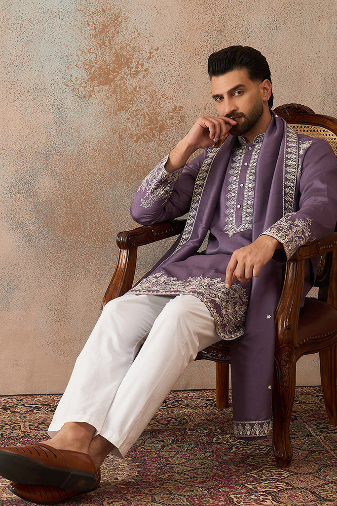 Lavender Silk Blend Solid Embroidered Kurta With Dupatta MKUD1009