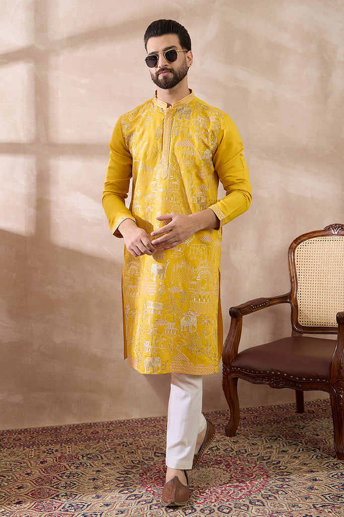 Yellow Silk Blend Embroidered Mandarin Collar Straight Kurta With Trouser MKSET2053