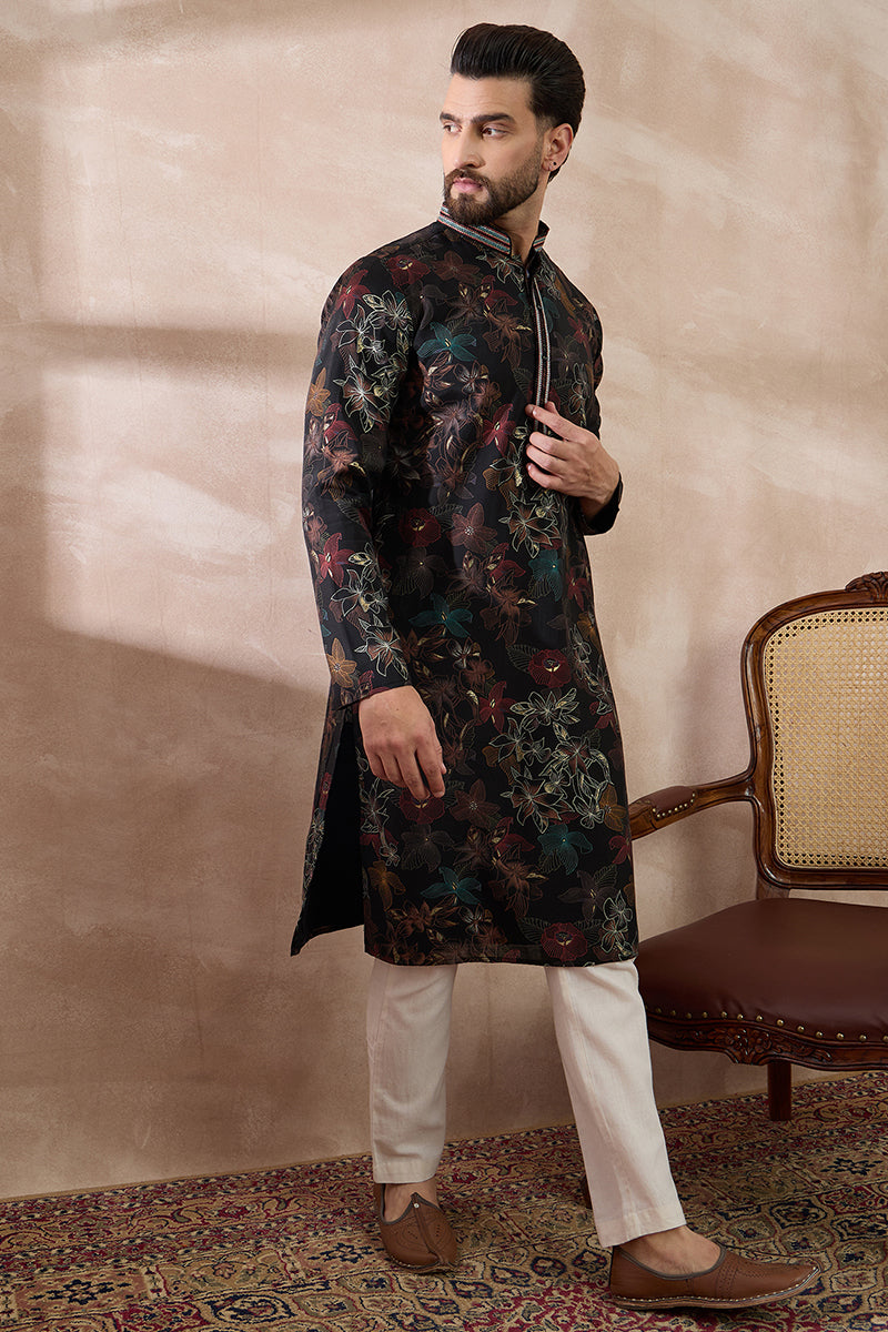Black Silk Blend Printed Mandarin Collar Straight Kurta With Trouser MKSET1956