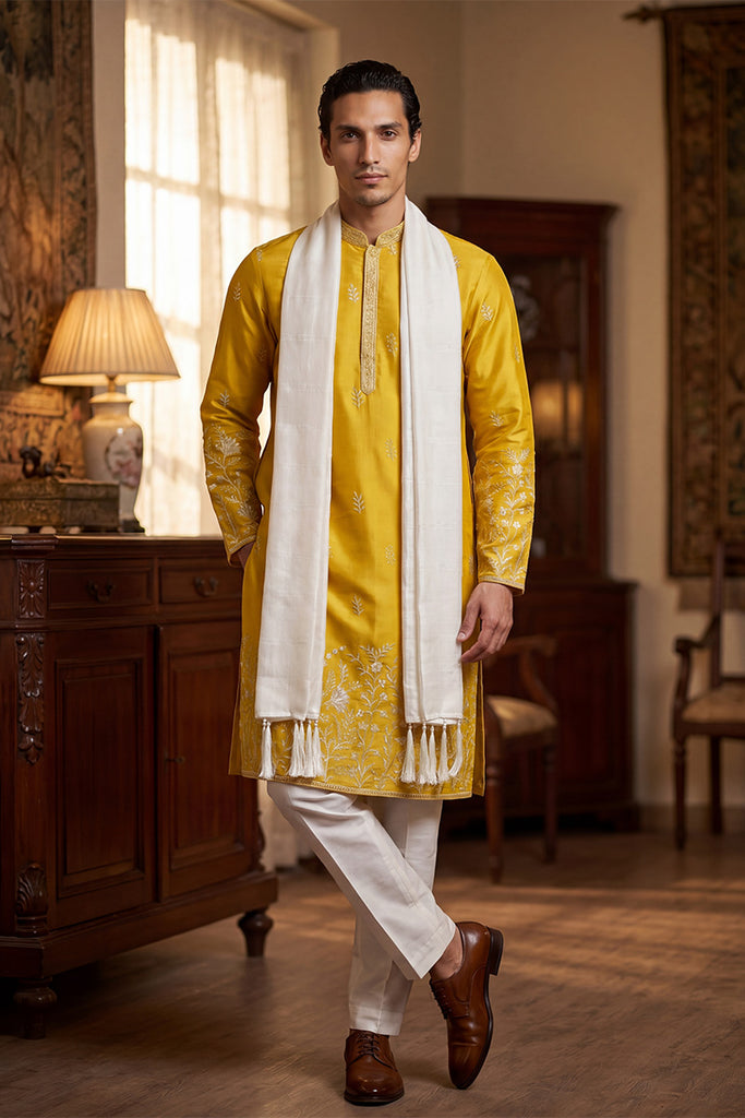 Yellow Chanderi Silk Solid Embroidered Straight Kurta Trouser with Dupatta MKPD1314