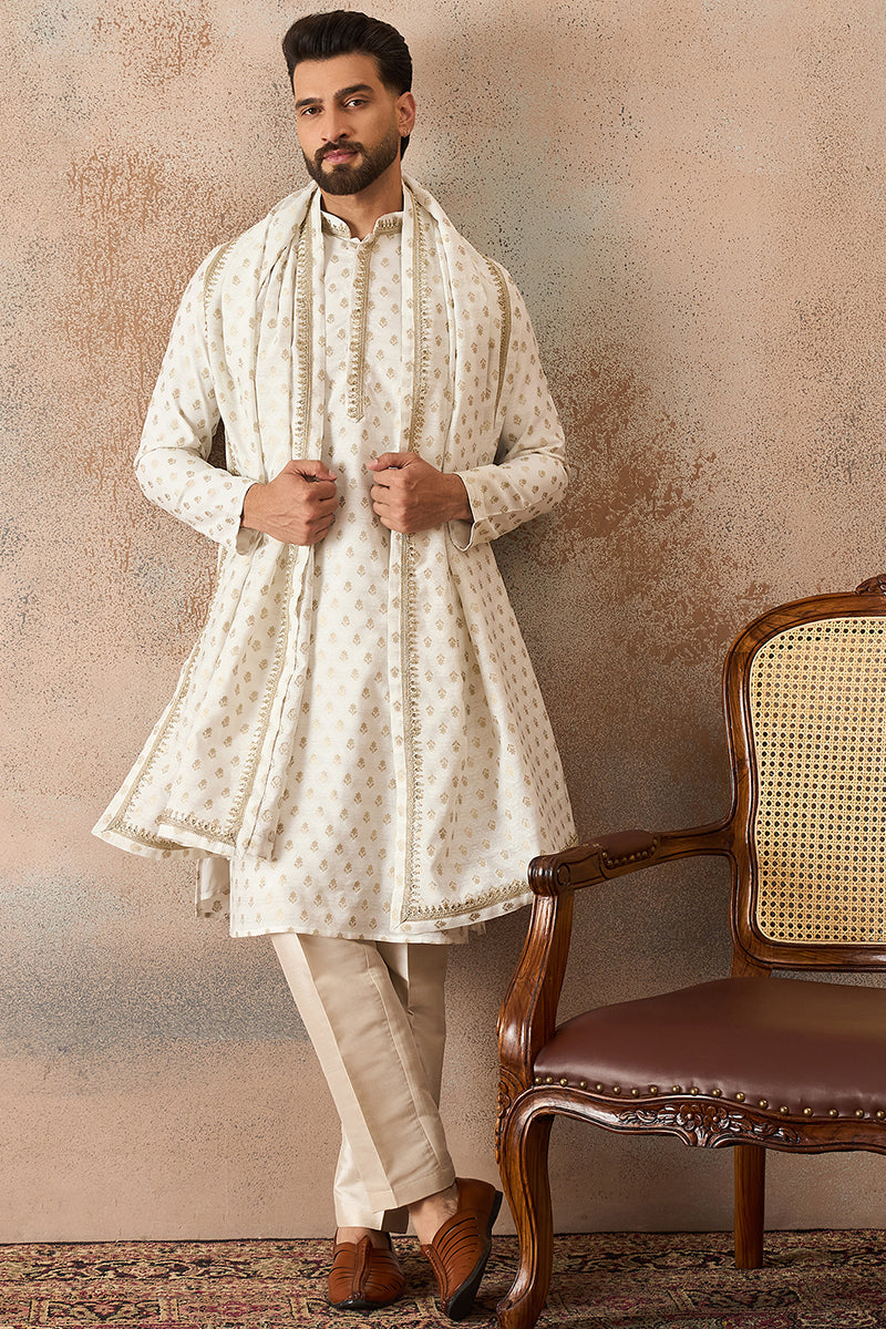 White Jacquard Woven Design Floral Straight Kurta Sets MKPD1049