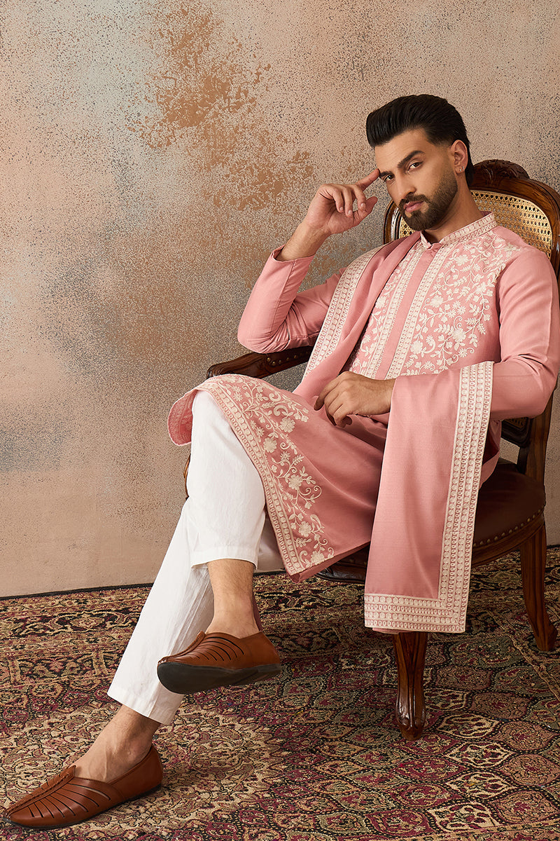 Peach Silk Blend Solid Embroidered Kurta Trouser With Dupatta MKPD1041