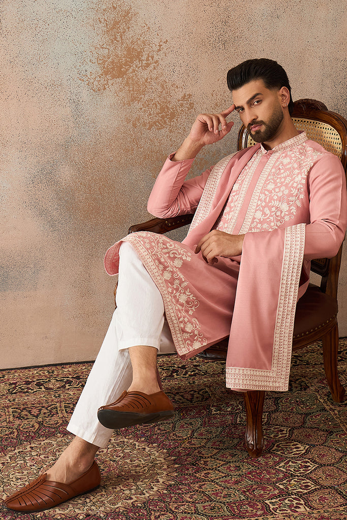 Peach Silk Blend Solid Embroidered Kurta Trouser With Dupatta MKPD1041
