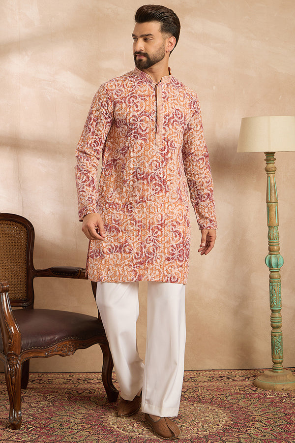 Orange Viscose Rayon Batik Embroidered Straight Kurta MKU1719