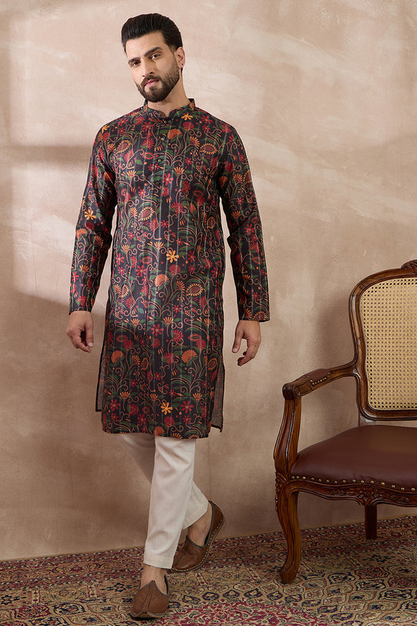 Black Silk Blend Embroidered Mandarin Collar Straight Kurta With Trouser MKSET2096