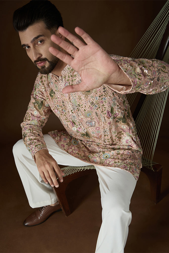 Peach Georgette Solid Embroidered Kurta With Trouser MKSET2726