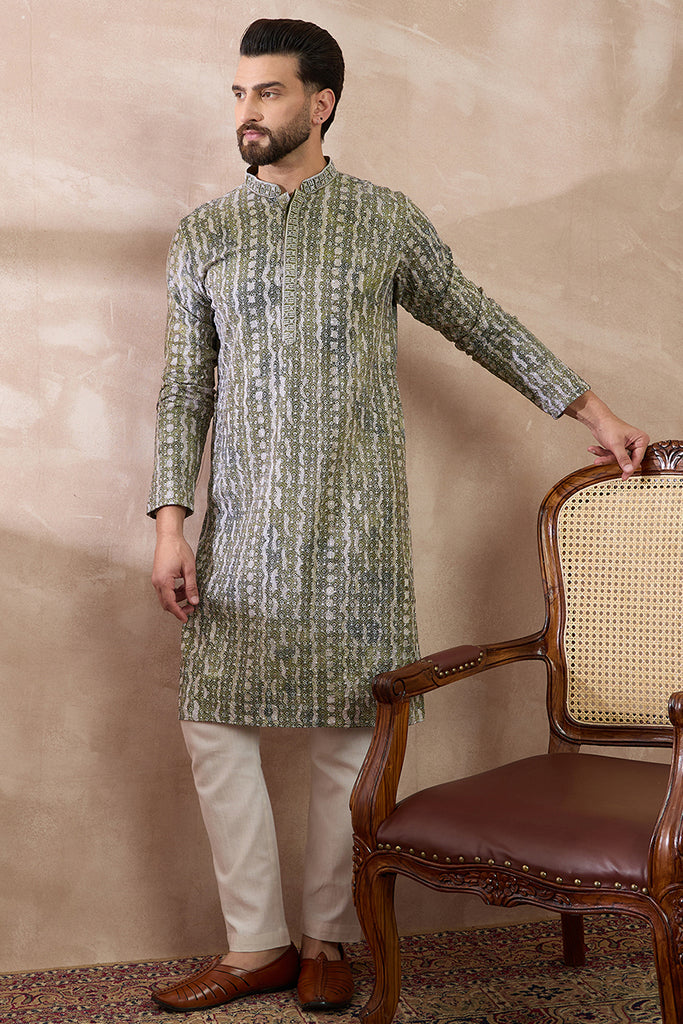 Green Silk Blend Printed Mandarin Collar Straight Kurta With Trouser MKSET1661