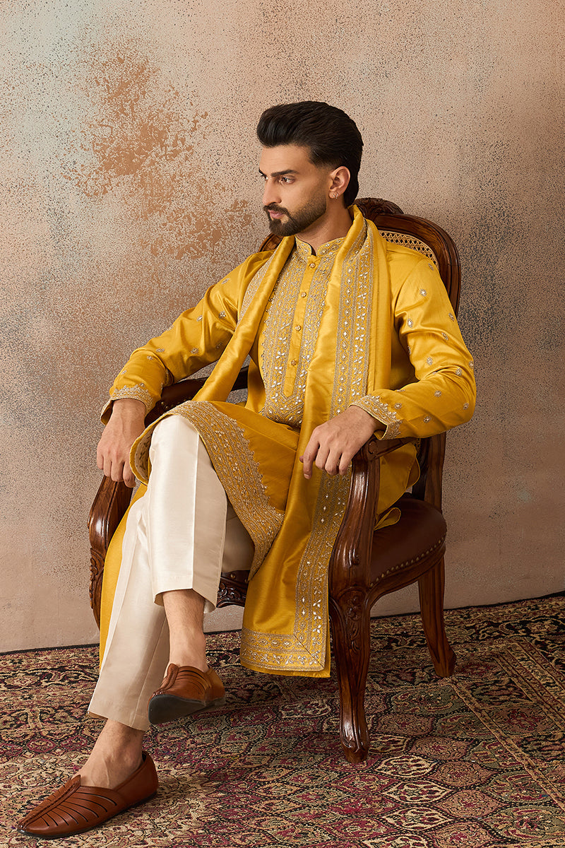 Yellow Silk Blend Solid Embroidered Kurta And Trouser With Dupatta MKPD1026