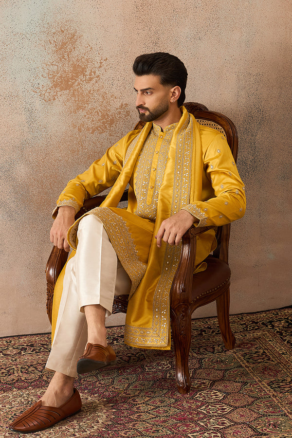 Yellow Silk Blend Solid Embroidered Kurta And Trouser With Dupatta MKPD1026
