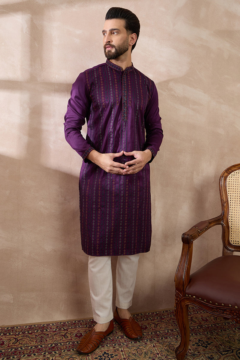 Purple Silk Blend Embroidered Mandarin Collar Straight Kurta With Trouser MKSET2038