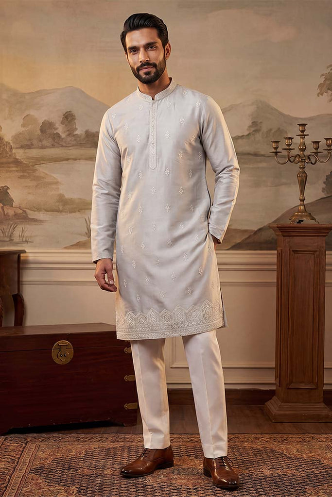 Silk Blend Silver Solid Embroidered Calf Length Straight Kurta With Trousers MKSET2273