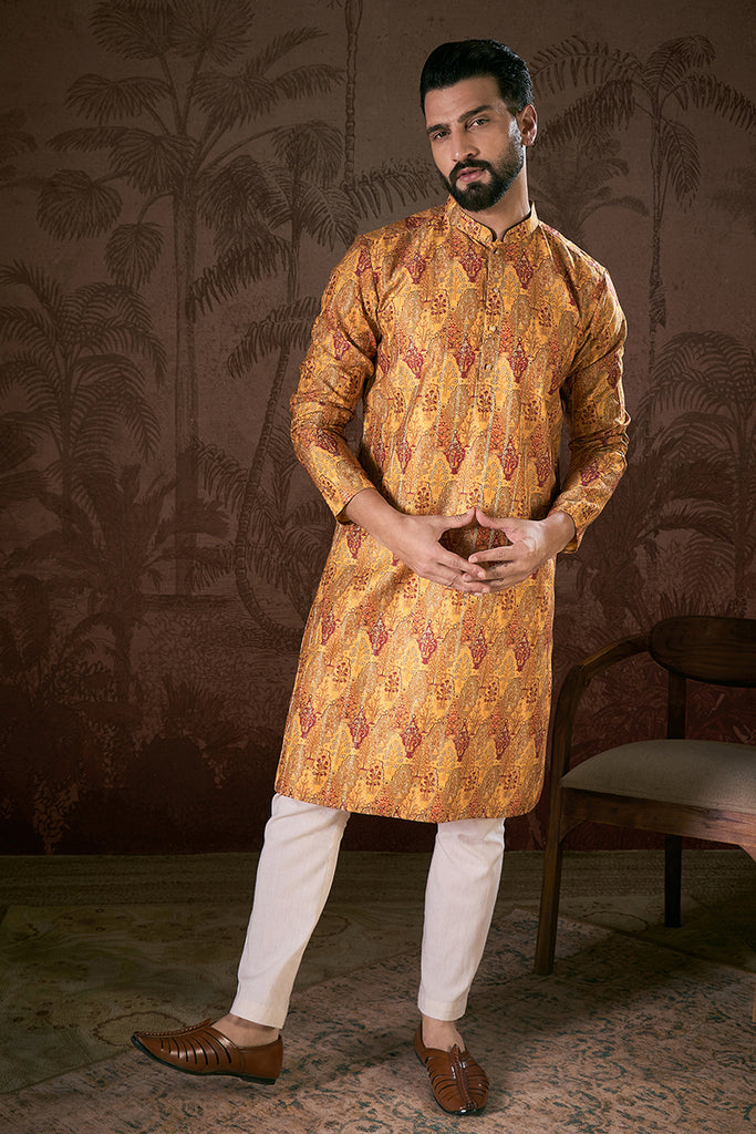 Mustard Silk Blend Ethnic Motifs Printed Straight Kurta MKU1925