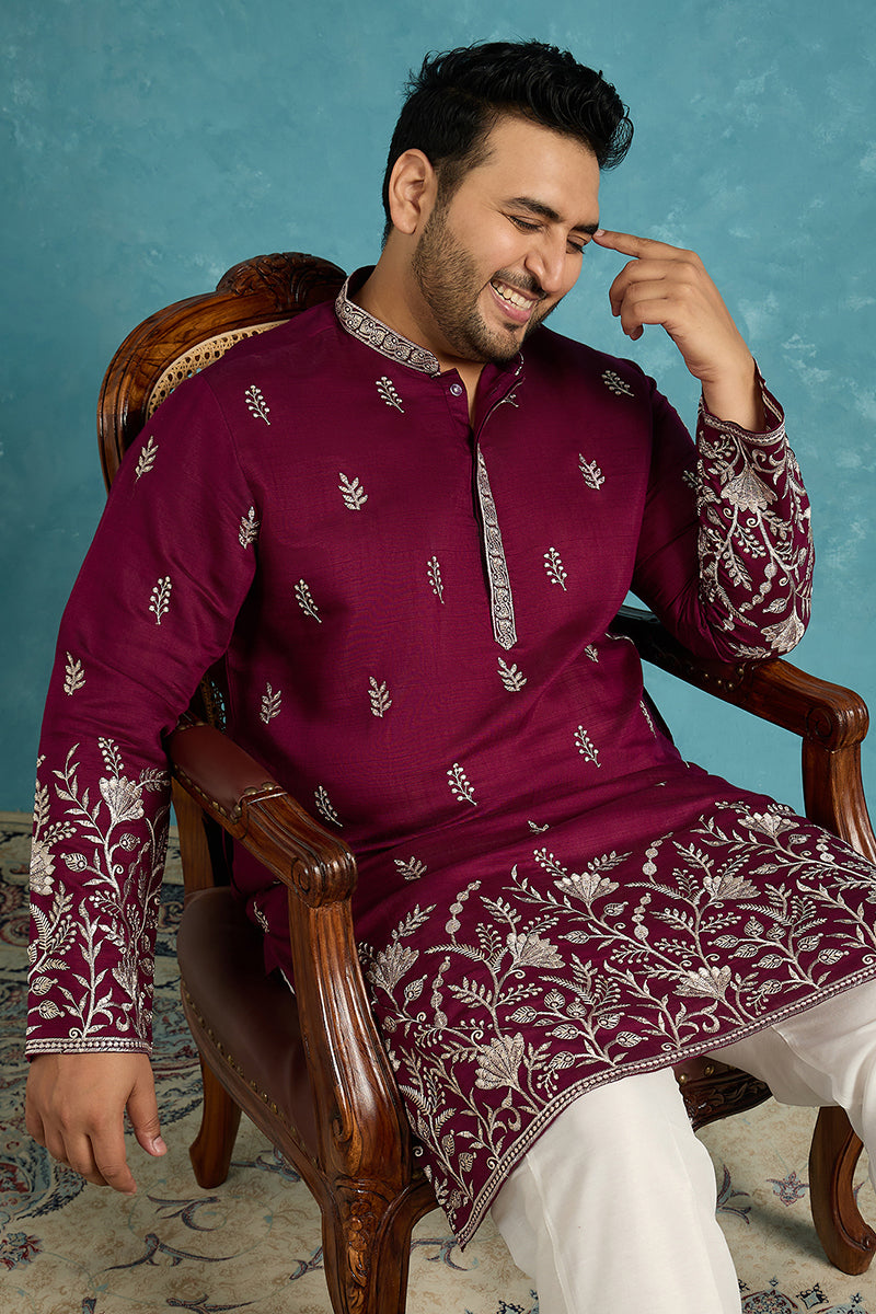 Purple Silk Blend Solid Thread Work Embroidered Kurta MKU1944