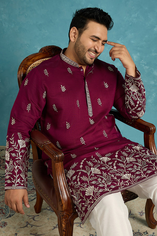 Purple Silk Blend Solid Thread Work Embroidered Kurta MKU1944