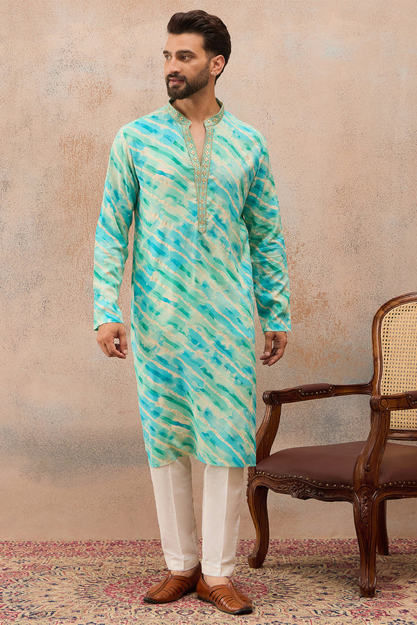 Turquoise Blue Viscose Rayon Leheriya Printed Kurta MKU2761
