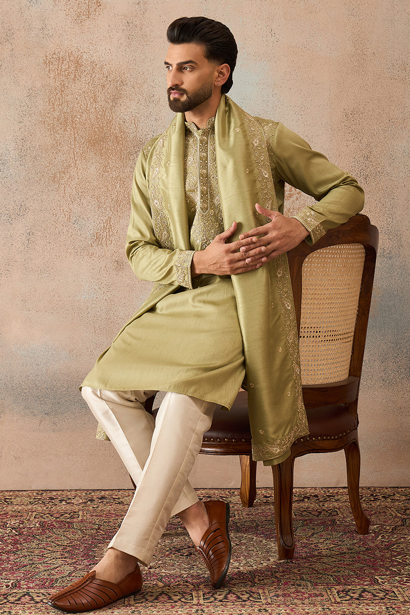 Green Zari Embroidered Silk Blend Kurta with Dupatta MKUD1046